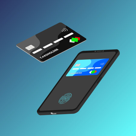 The concept of payment for services using a card, phone, including contactless payments, in any way, through the application. Vector isometric 3d illustration, on a blue background.のイラスト素材