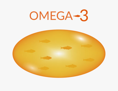 Concept vitamins, omega 3, fish oil, body health. Vector illustration of a transparent fish oil capsule, with fish silhouettes inside and omega-3 inscription.のイラスト素材
