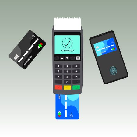 The concept of a bank pos terminal for paying for services using a card, phone, including contactless payment. Acquiring. Vector illustration on a white background.のイラスト素材