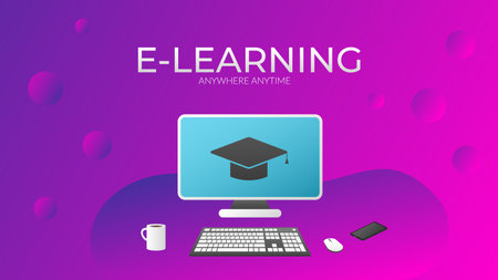 Design concept vector template for web banner, e-learning, online learning anywhere anytime. Computer, monitor illustration. A vibrant purple-pink background with flowing abstract shapes. Copyspace.のイラスト素材