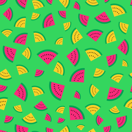 Vector seamless pattern. Concept, summer mood, freshness. triangular slices of watermelon on a green background. For the design of packaging, prints, social networks.のイラスト素材
