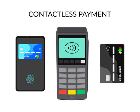 The concept of a bank pos terminal for paying for services using a card, phone, including contactless payment. Acquiring. Vector illustration on a white background.のイラスト素材