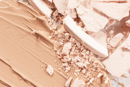 Loose light powder and smear of foundation close-up. The concept of decorative cosmetics, makeup....