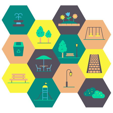 Vector set of isolated colorful icons on the theme of the improvement of the city park, playgrounds, local area. Design template for use on the site, in mobile applications.のイラスト素材