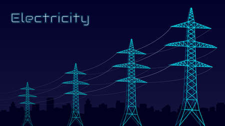 Stylized vector blue electric tower, electricity concept, power transmission, urbanization. On a dark blue background. Design template for websites, banners.のイラスト素材