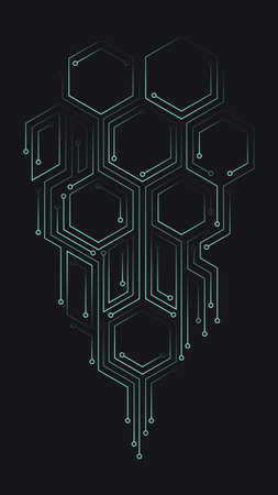 Vector abstract illustration. Chip concept, future, cyberpunk, computer elements. Lines, hexagonal shapes on a dark background. Design template for web, banners.のイラスト素材