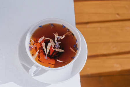 White cup of herbal tea with a saucer. Bright sunlight. The concept of tea drinking, healthy drinks.