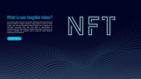 NTF concept, blockchain technology, cryptocurrency. Non-fungible token Work. Futuristic background, with elements in techno style microchips. Banner template design for web. Copyspace.のイラスト素材