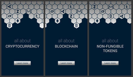 Blockchain technology concept, cryptocurrency. Working with tokens on the Internet, security. Futuristic background with elements in techno style microchips. Design banner template for web. Copyspace.のイラスト素材