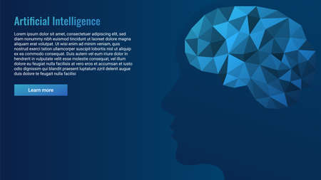 Artificial intelligence concept, modern technologies. Brain illustration in low poly style on a dark background. Web banner design template, landing page. Copy space.のイラスト素材