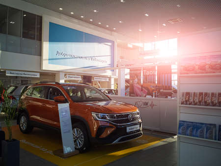 New cars in the Volkswagen showroom. The concept of buying a car, insurance, trade in. 01/16/2022...