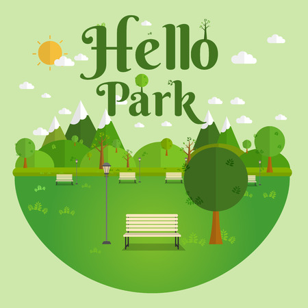 Hello Park. Natural landscape in the flat style. a beautiful park.Environmentally friendly natural landscape.のイラスト素材