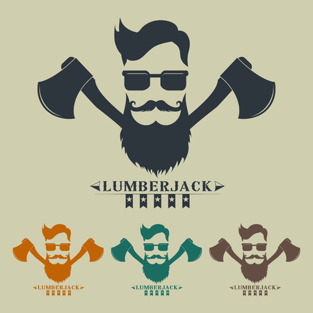 Lumberjack label, t-shirt design with illustrated man in beard and glasses with axesのイラスト素材