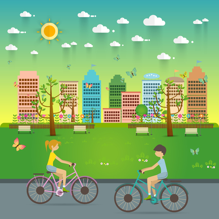 Couple Riding Bicycles In Public Park. Natural landscape in the flat style. a beautiful park.Environmentally friendly natural landscape.Vector illustrationのイラスト素材