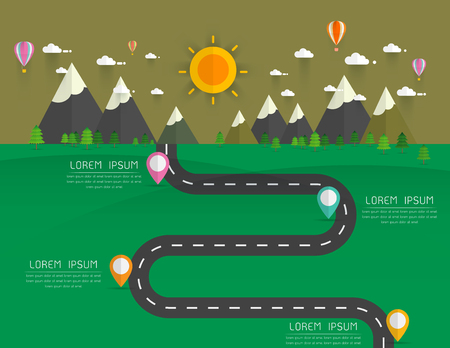 Road with markers, vector infographics template. Winding road in green field and mountains. Rural street flat style .Landscape background Vector illustrationのイラスト素材