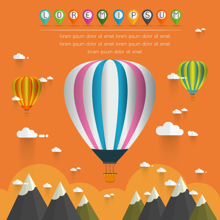 hot air balloon in the sky over mountain/ illustration / background/ greeting cardのイラスト素材