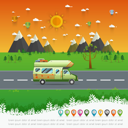 Family traveler truck driving on the road. Outdoor journey camping traveling vacation concept poster card. caravan motorhome van on countryside background landscape.vector illustration.のイラスト素材