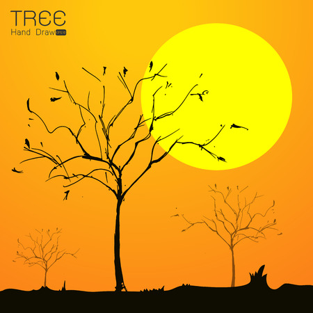 Landscape with tree at sun set hand draw from imagination,Vector illustrationのイラスト素材
