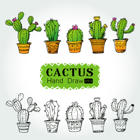 Collection of cactuses in flower pot ,isolate object ,line art from hand drawing from imagination, on white background Vector illustrationのイラスト素材