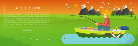 Fisherman sitting in the boat and fishing rod is fishing on boat. Vector flat illustrationのイラスト素材