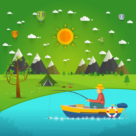 Fisherman sitting in the boat and fishing rod is fishing on boat.のイラスト素材