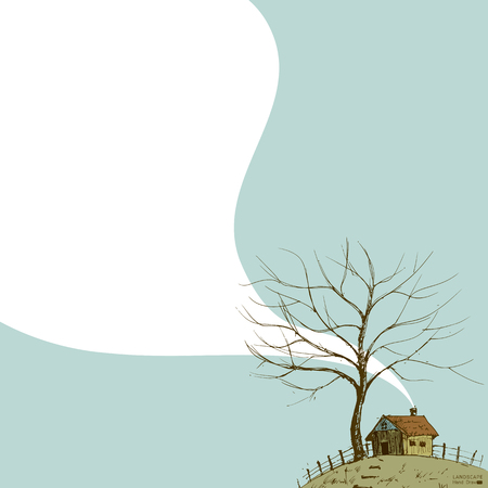 stylized landscape with a house on the hill, Hand drawn style,vector background illustrationのイラスト素材