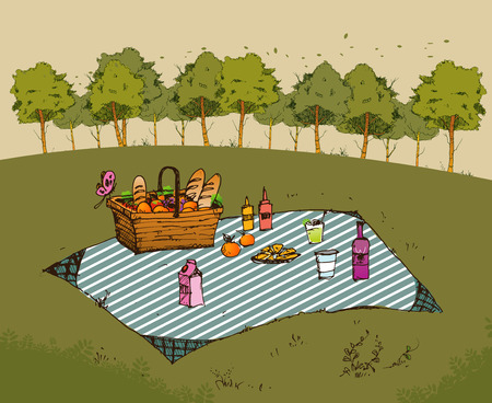 Outdoor picnic in park, Hand drawn style,vector background illustrationのイラスト素材