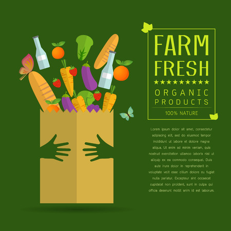 Paper package with fresh healthy produce. Organic products from the farm. Vegetables, bread, dairy products and butterfly.hand hug concept, Vector flat design illustrationのイラスト素材