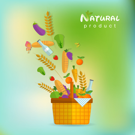 Basket with fresh natural vegetables. Organic products from the farm.Vegetables, bread, dairy products and butterfly, Vector flat design illustrationのイラスト素材