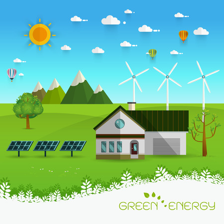 Green energy an eco friendly house - solar energy, wind energy,urban landscape,Vector concept illustration.のイラスト素材