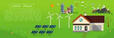 eco friendly house - solar energy, wind energy,Green energy ,urban landscape,Vector concept illustration.のイラスト素材