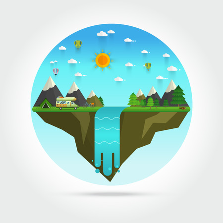 Weekend in the tent. Hiking and camping,Landscape illustration. Mountain river, waterfall, mountains, hills, and clouds. Flat design vector.のイラスト素材