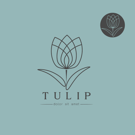 Simple line - art Tulip bud with leaves design for   emblem or sign on blue background  Vector illustrationのイラスト素材