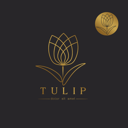 Simple gold Tulip bud with leaves design for  emblem or sign on black background Vector illustrationのイラスト素材