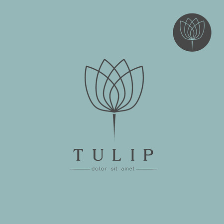 Simple line - art Tulip bud with leaves design for   emblem or sign on blue background  Vector illustrationのイラスト素材