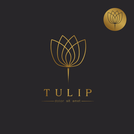 Simple gold Tulip bud with leaves design for  emblem or sign on black background Vector illustrationのイラスト素材