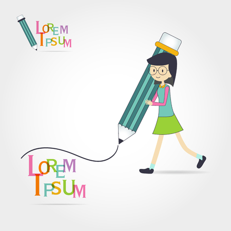 cute little Girl holding pencil ,on white background Vector illustrationのイラスト素材