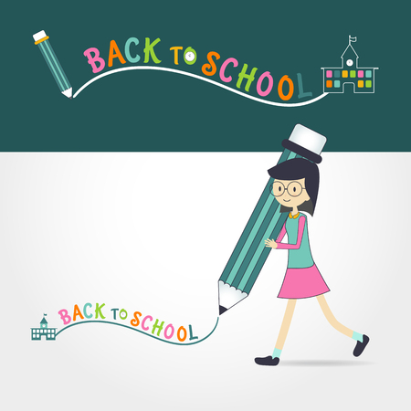 cute little Girl holding pencil writing back to school concept ,on white background Vector illustrationのイラスト素材