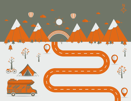 National mountain park camping scene with family trailer caravan .のイラスト素材