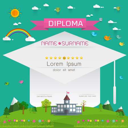 Certificate kids diploma, kindergarten template layout background frame design illustration. Preschool Elementary school Kids Diploma certificate background design templateのイラスト素材