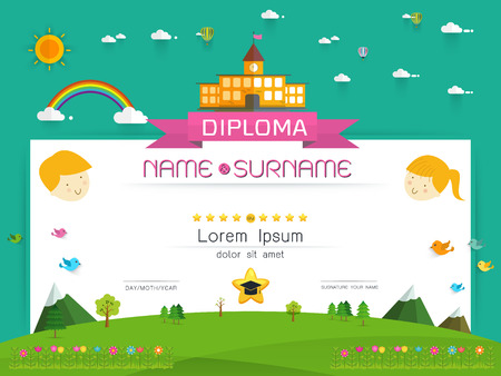 Certificate kids diploma, kindergarten template layout background frame design illustration. Preschool Elementary school Kids Diploma certificate background design templateのイラスト素材