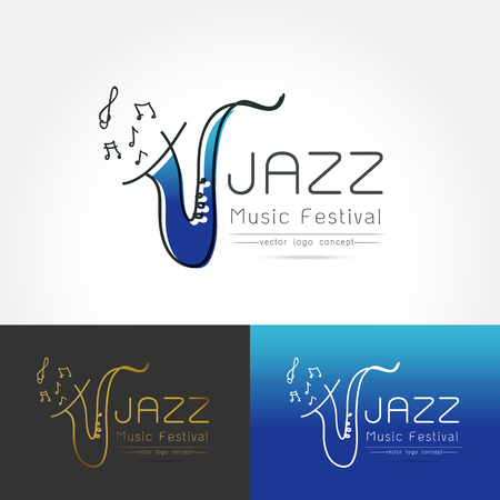 Modern linear thin flat design. The stylized image of saxophone. Jazz music festival logo Template for covers, logo, posters, invitations on white background Vector illustrationのイラスト素材