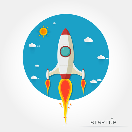 Rocket ship in a flat style.Vector illustration with flying rocket.Space travel to the moon.Space rocket launch.Project start up and development process.Innovation product,creative idea.Management.のイラスト素材