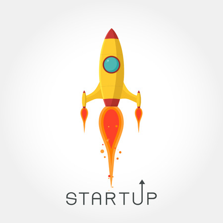 Rocket ship in a flat style.Vector illustration with flying rocket.Space travel to the moon.Space rocket launch.Project start up and development process.Innovation product,creative idea.Management.のイラスト素材
