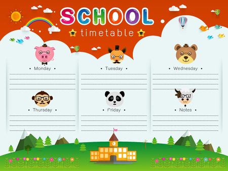 background frame design of School Timetable with animal head, Schedule,Weekly school timetable vector illustrationのイラスト素材