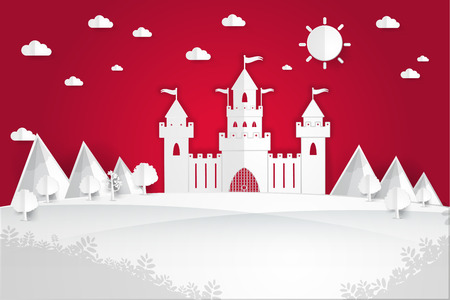 White paper castle Mountain landscape on pop up paper cut style, Vector illustrationのイラスト素材