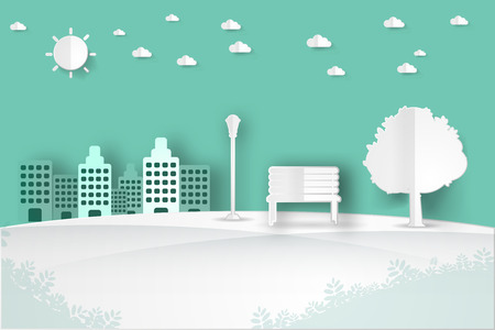 minimalist landscape public park in the city with tree,sun,cloud landscape background , paper art style vector illustration.のイラスト素材