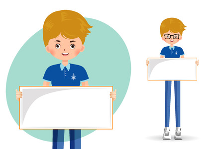 cute little boy student holding an empty banner on a white background Vector  Illustrationのイラスト素材