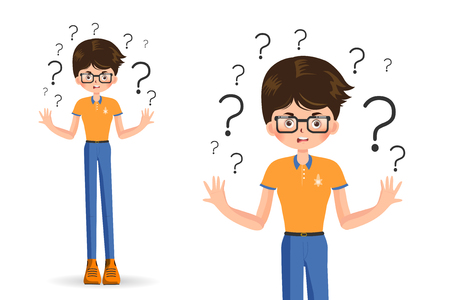 boy spread out her hands in misunderstanding, isolated on white background  vector illustration. Sad young woman with open hands gesture. A charming adult girl shrugs shoulders.Feel puzzledのイラスト素材