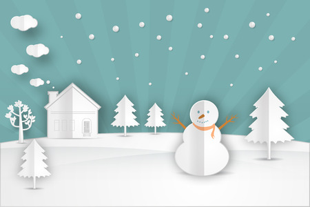 Nature, Paper cut and craft winter landscape with Christmas trees, snowman, snow drifts. Happy New Year card on blue background vector illustrationのイラスト素材
